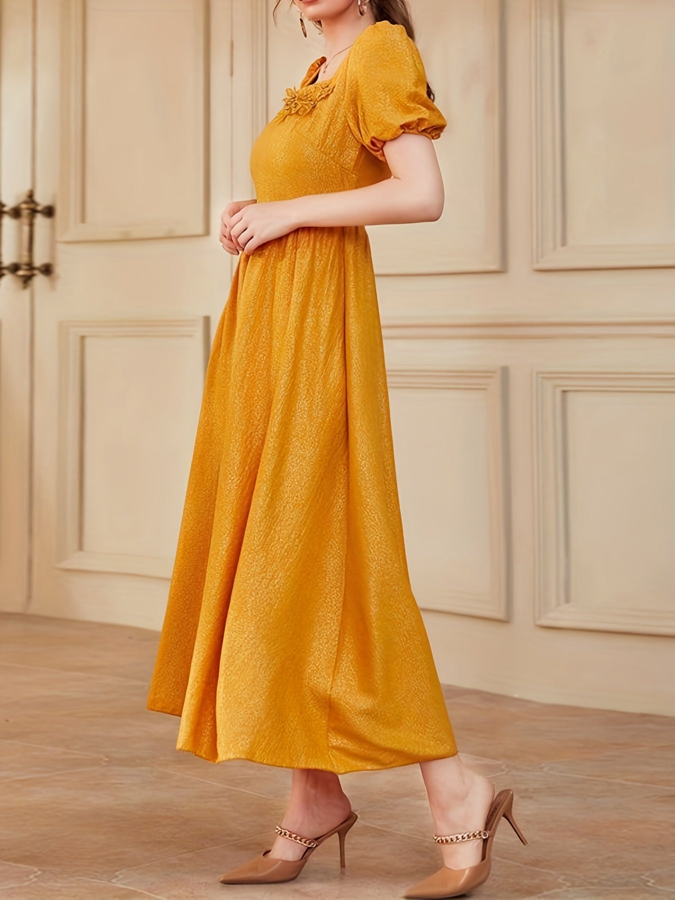 Square Neck Flower Patchwork Dress Short Sleeve Party Wear