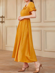 Square Neck Flower Patchwork Dress Short Sleeve Party Wear