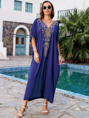 Embroidered Boho Kaftan Dress V Neck Beach Cover Up