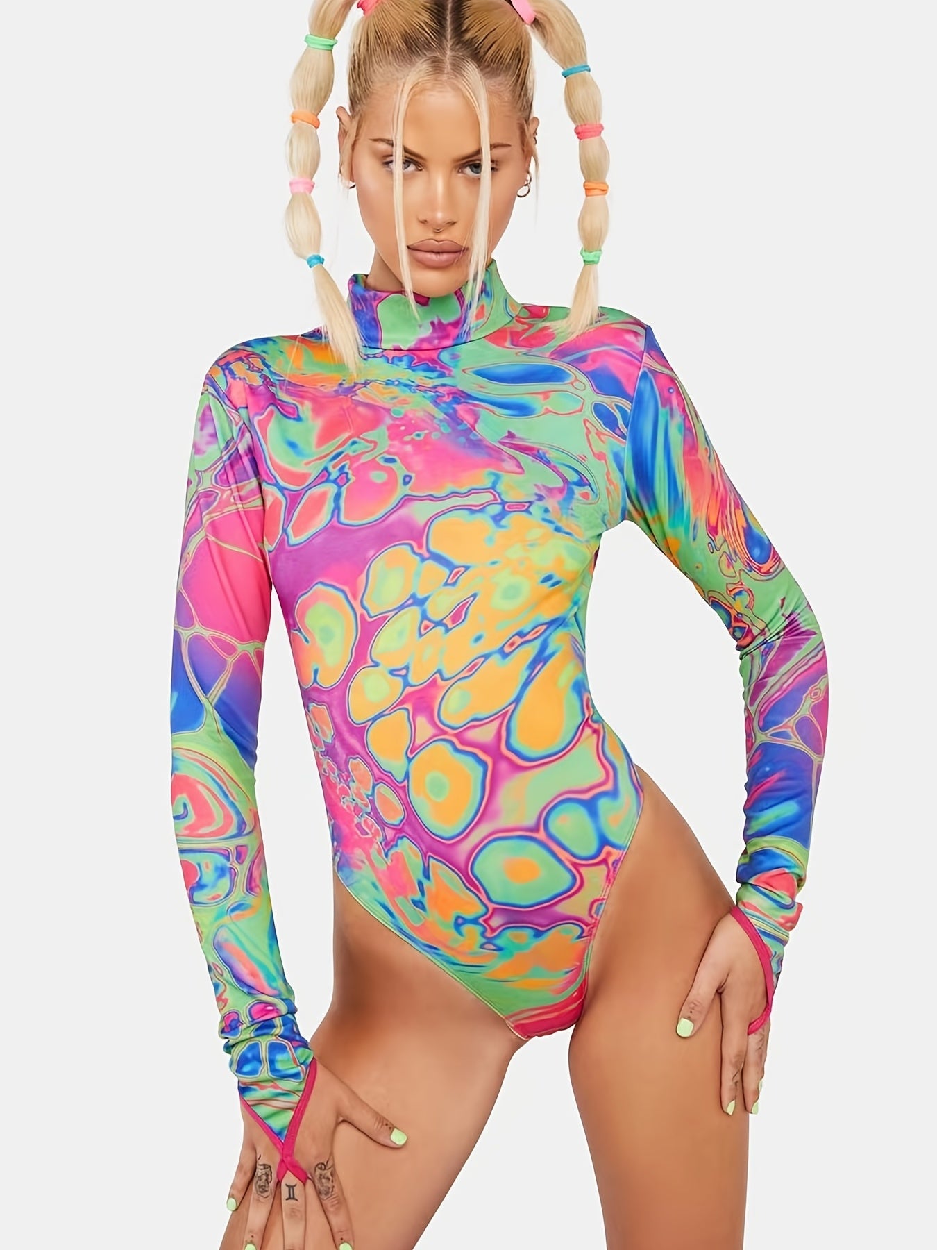 Print Zip Up Bodysuit Sexy Long Sleeve One Piece Women's Clothing