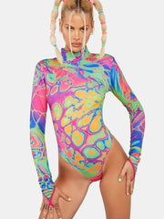 Print Zip Up Bodysuit Sexy Long Sleeve One Piece Women's Clothing