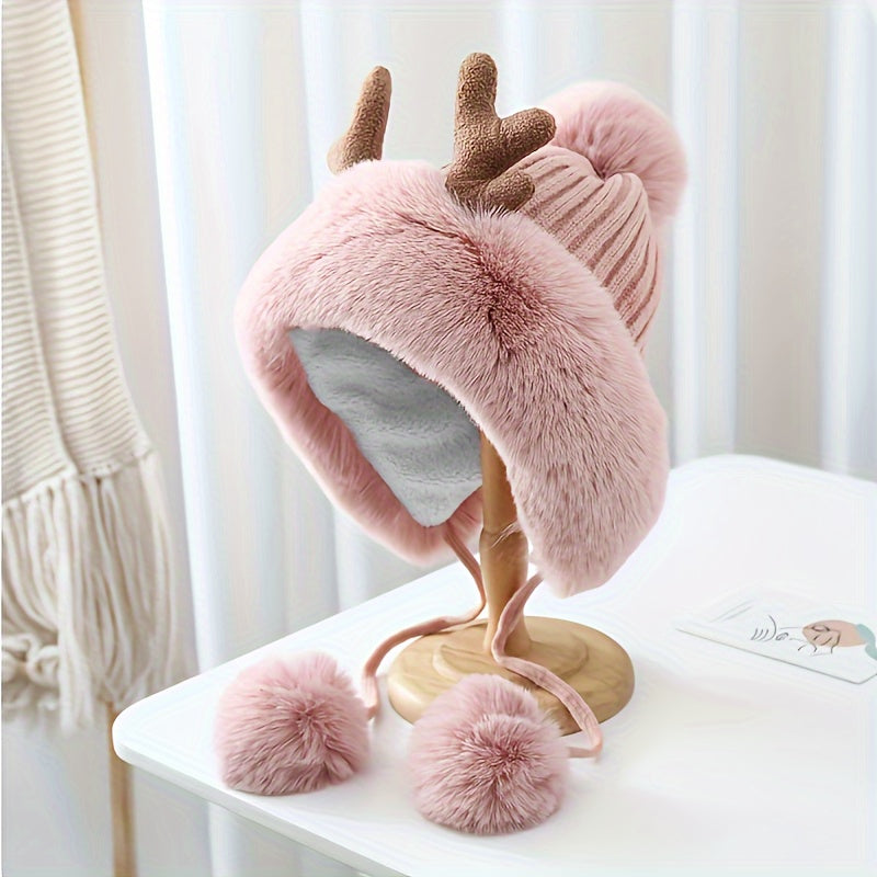 Plush Reindeer Antlers Winter Hat Fleece Lined Thickened Knitted Hat