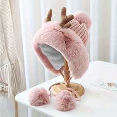 Plush Reindeer Antlers Winter Hat Fleece Lined Thickened Knitted Hat