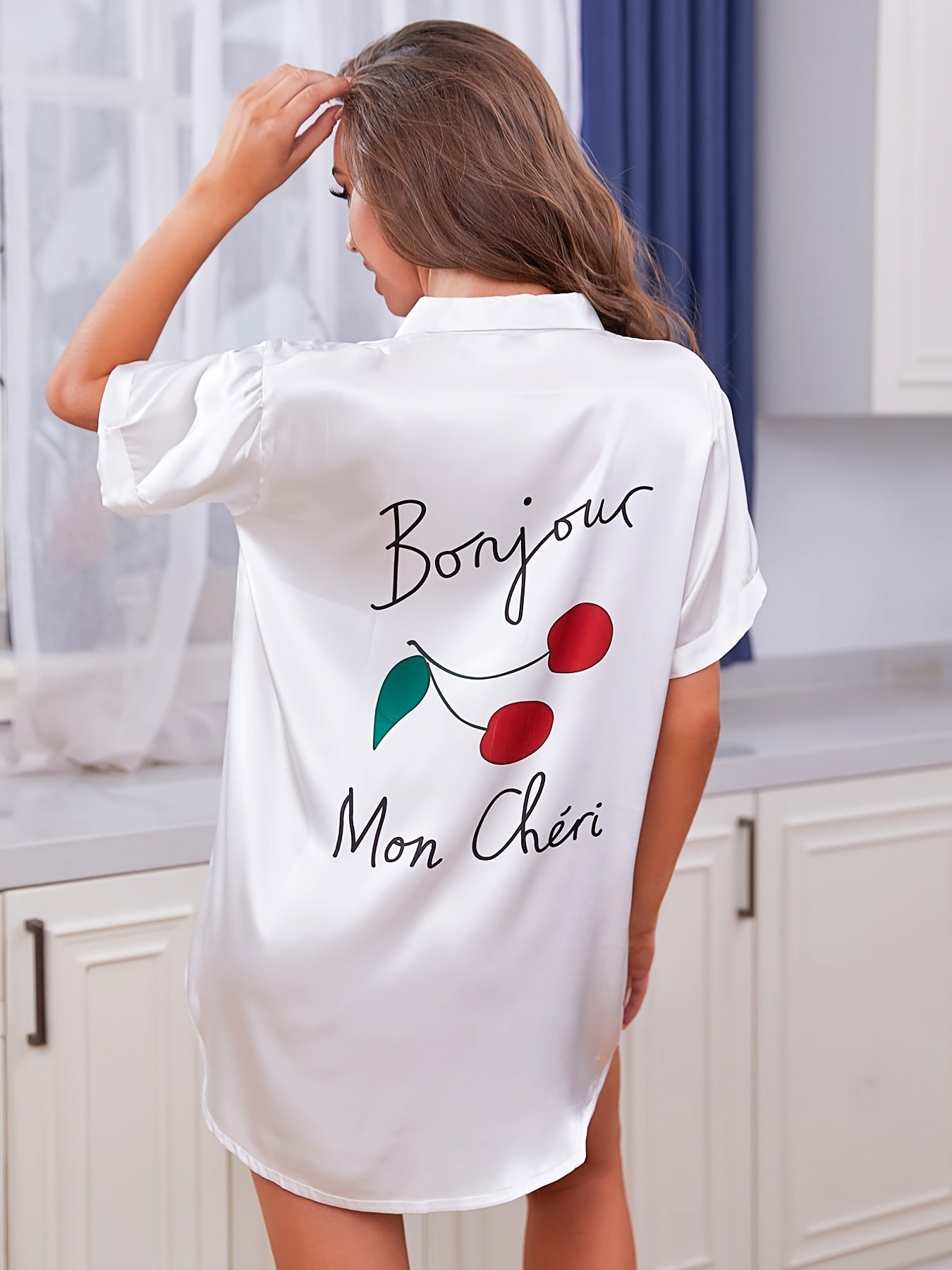 Women Satin Pajamas Dress Button Down Loungewear with Letter Pattern