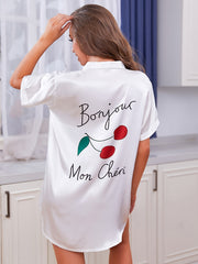 Women Satin Pajamas Dress Button Down Loungewear with Letter Pattern