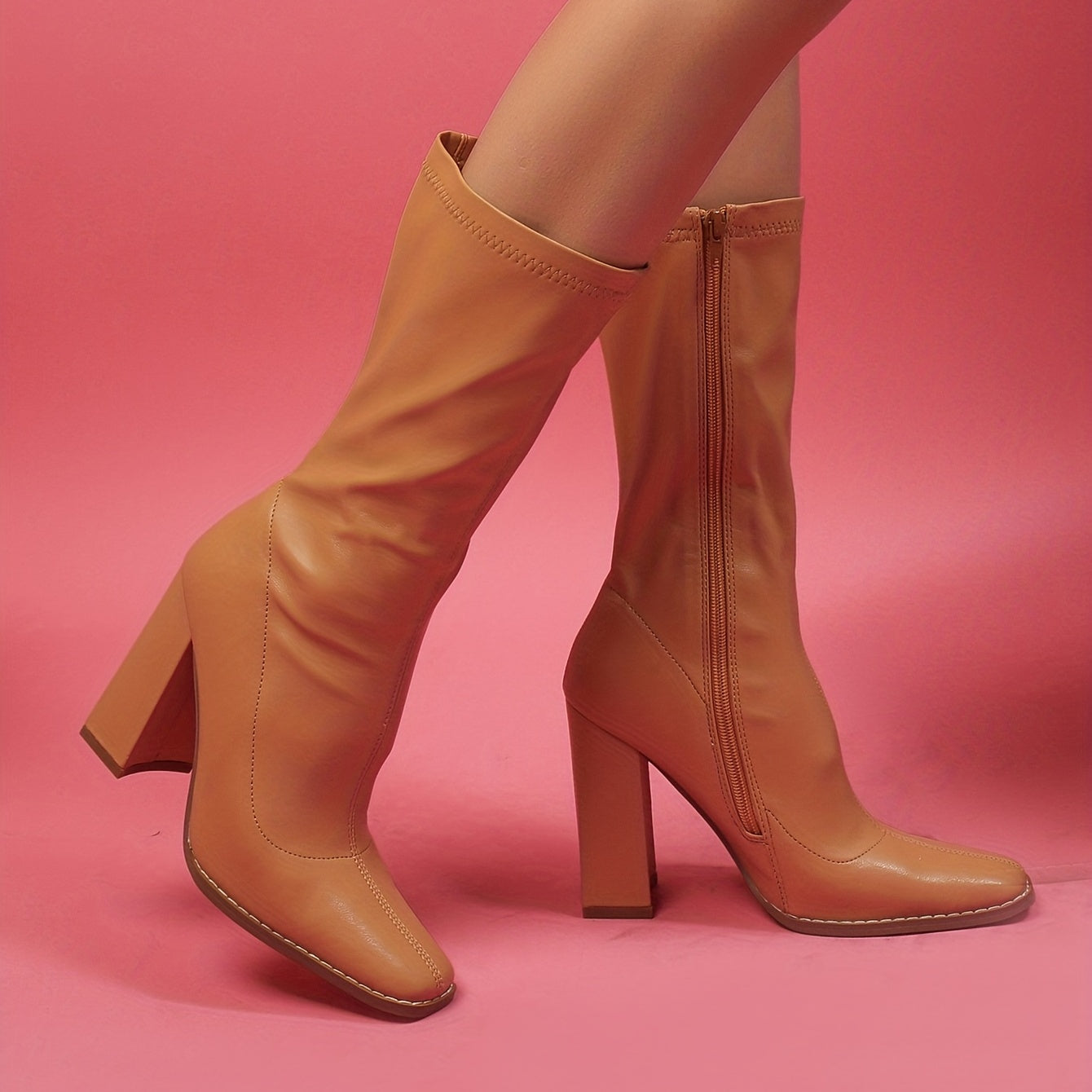 Women's Block Heel Boots Closed Toe Side Zipper Shoes