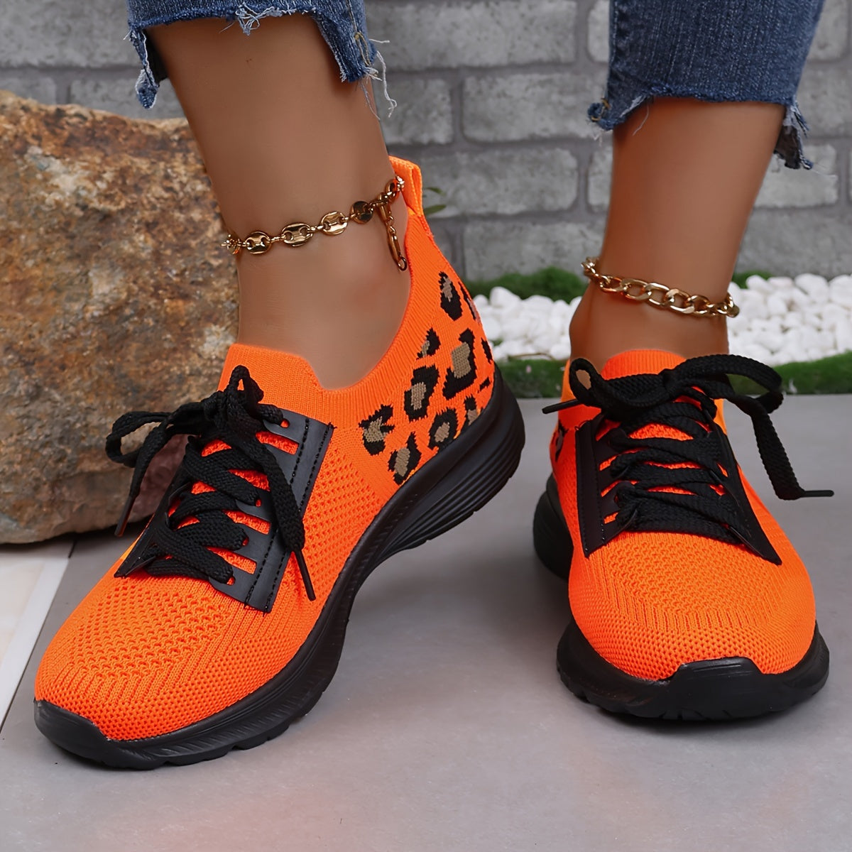 Leopard Print Lace-up Running Shoes Women's Footwear