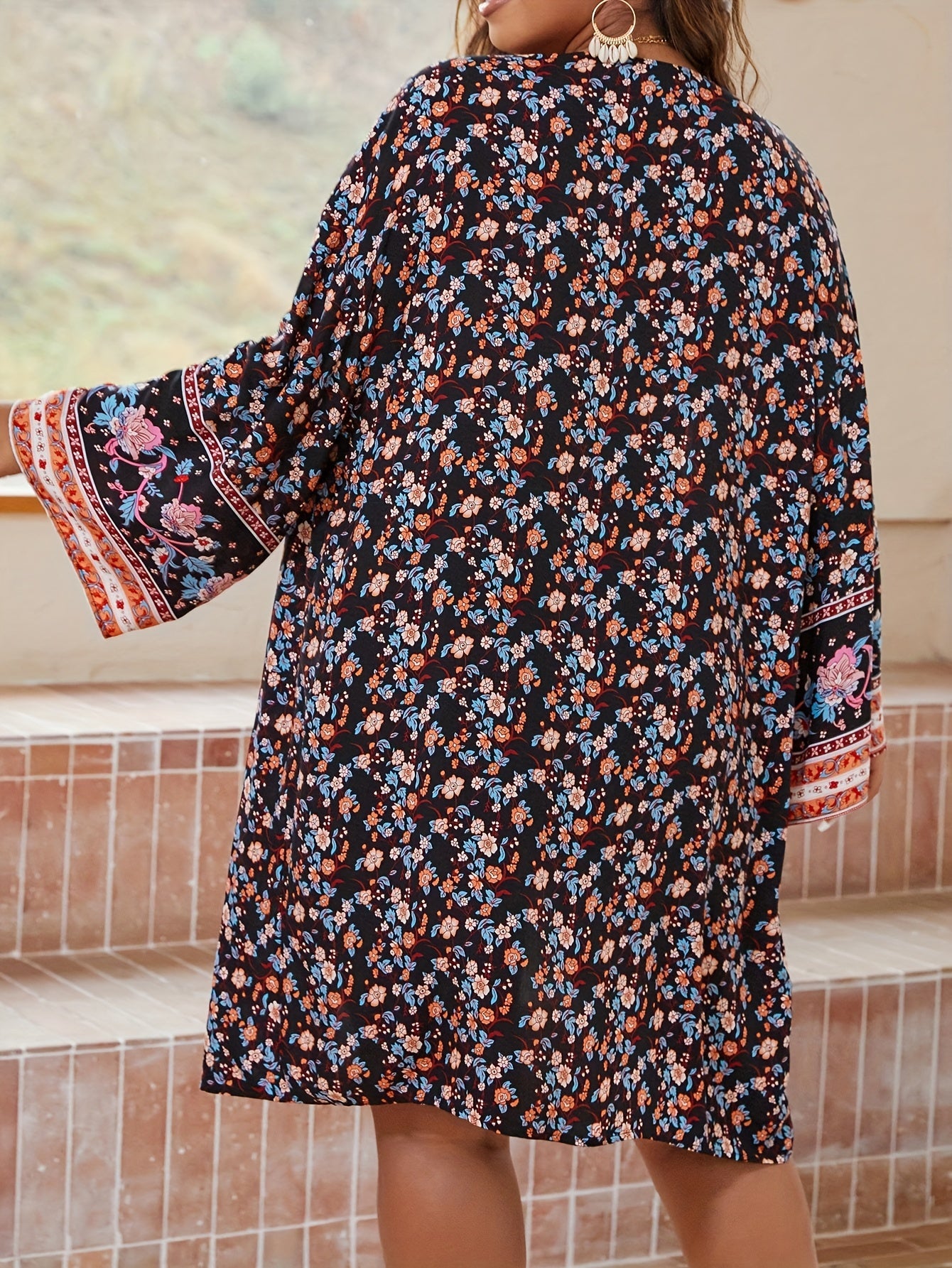 Boho Kimono Border Floral Long Sleeve Open Front Cover Up