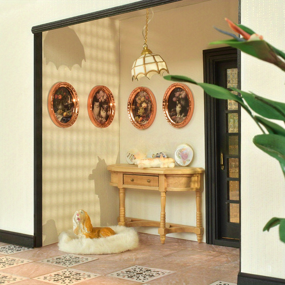 1:12 Dollhouse Wall Decoration Murals Rose and Cat Still Life Paintings