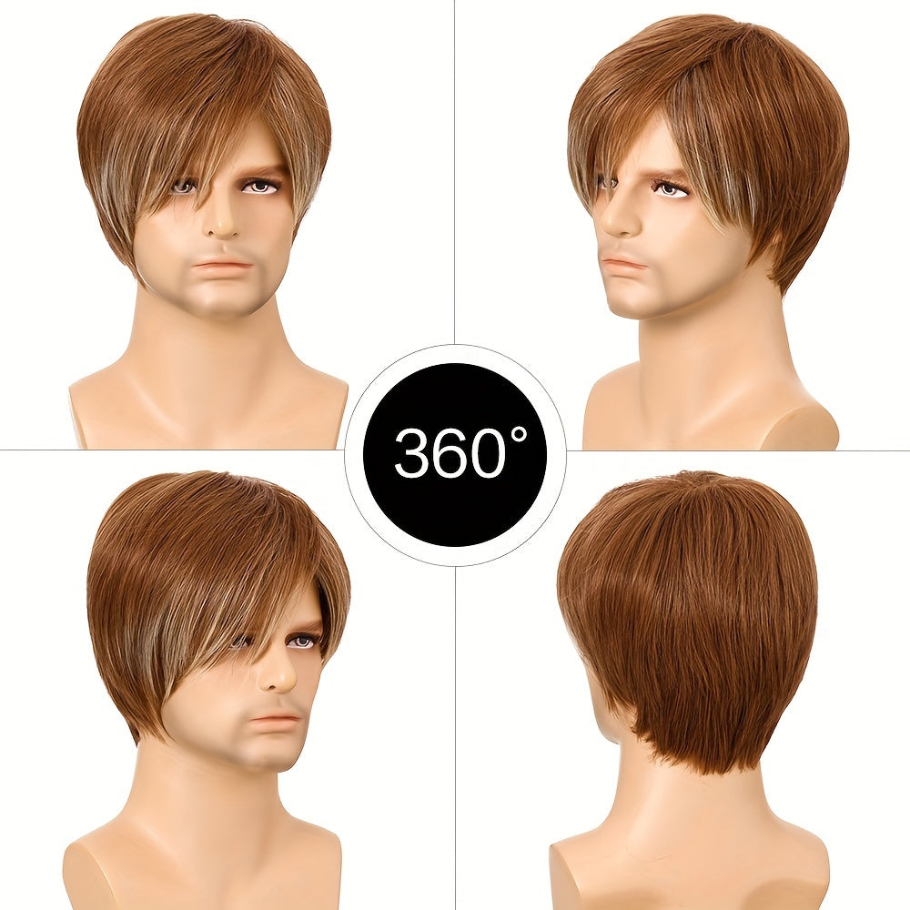 Men's Short Straight Hair Wig with Stylish Slanted Bangs