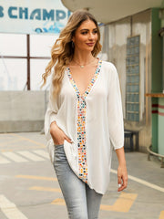 Geometric Print V Neck Cover Up Contrast Trim Long Sleeve Top