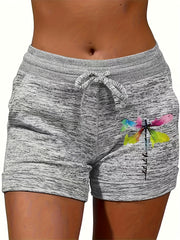 Dragonfly Print Elastic Waist Shorts for Women