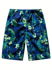 Leaf & Flower Pattern Swim Trunks Quick Dry Beach Shorts Men's Swimwear