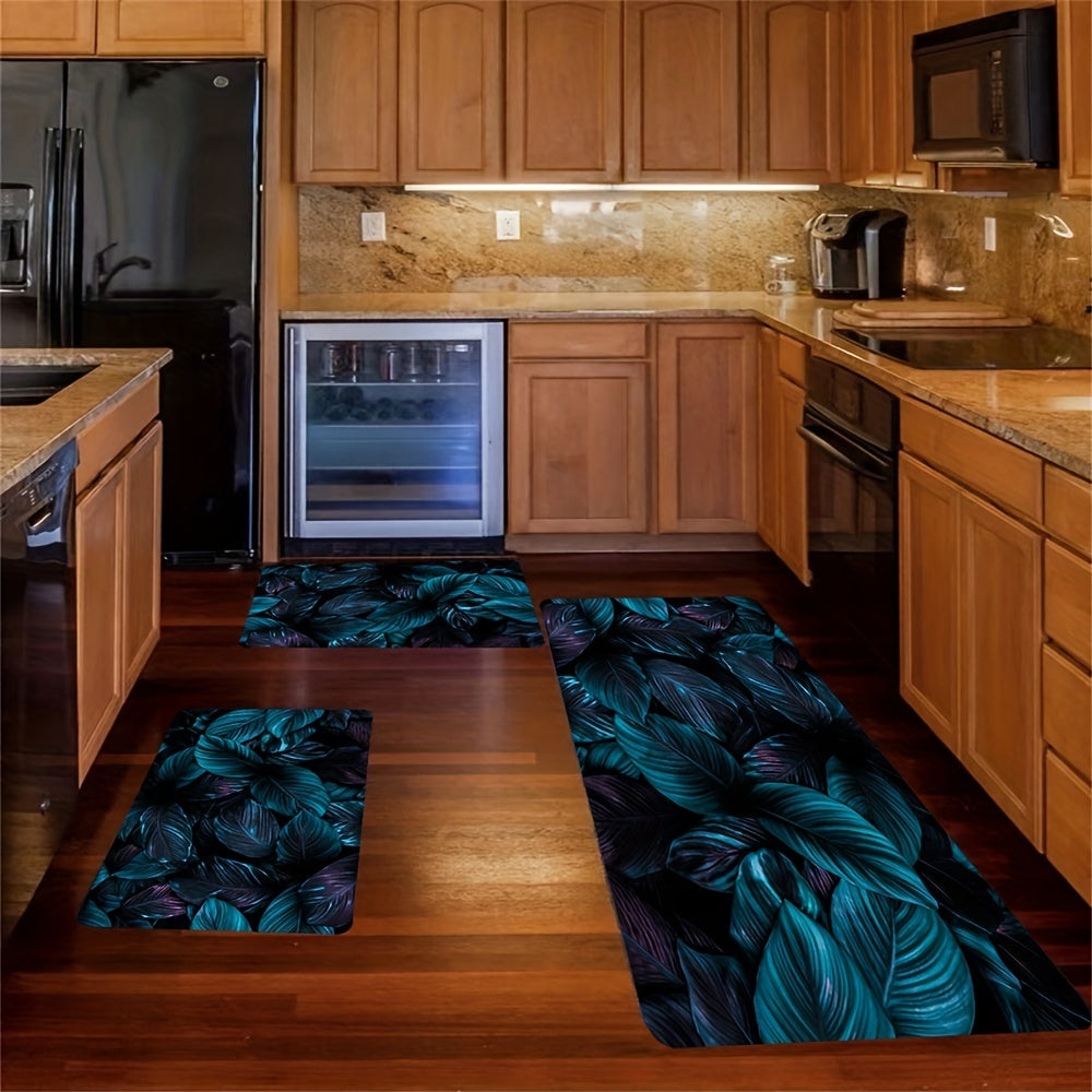 Vintage Leaf Print Kitchen Rug Soft Cushioned Anti Fatigue Mat