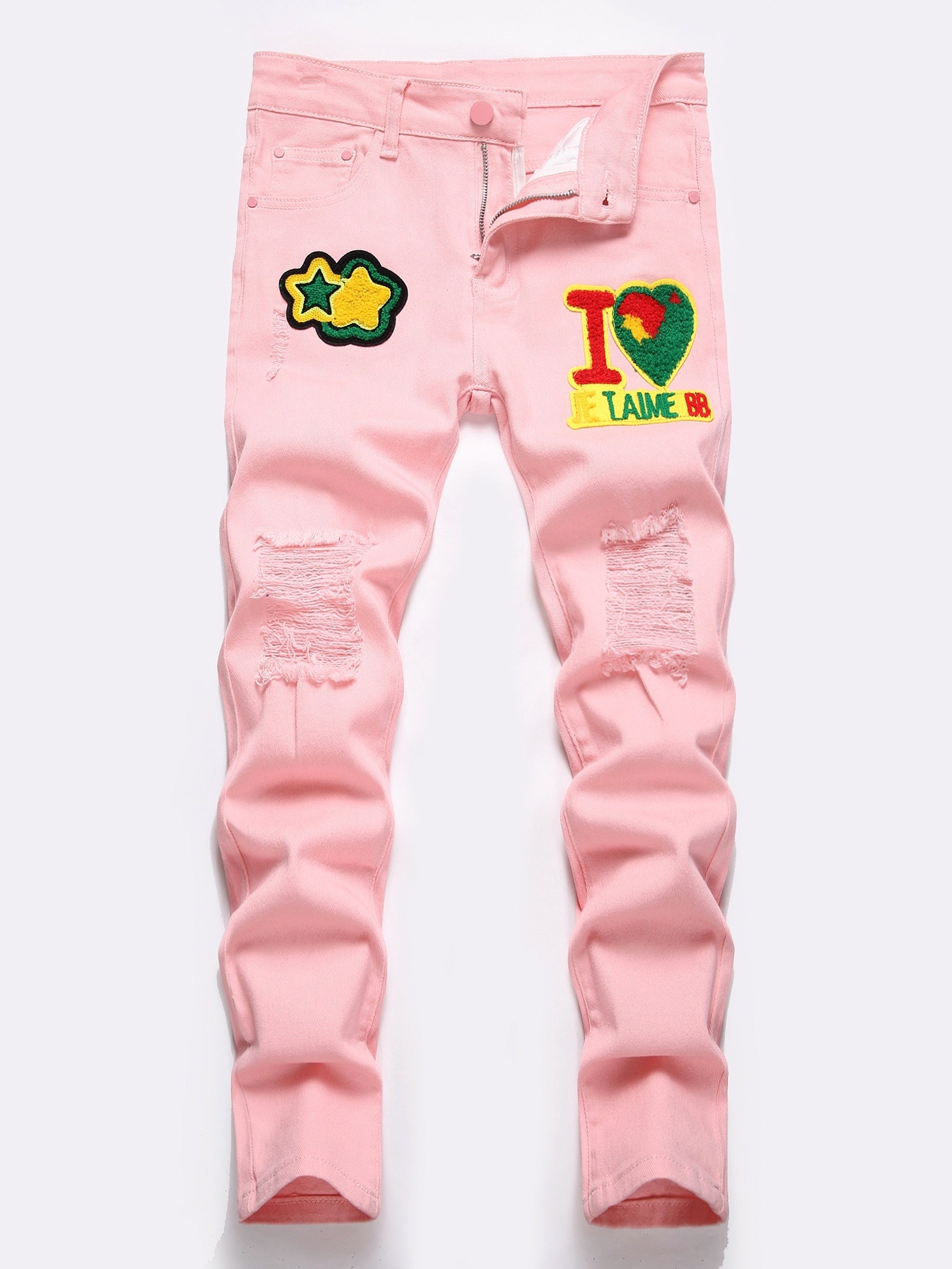 Men Pink Graphic Patch Detail Ripped Frayed Jeans