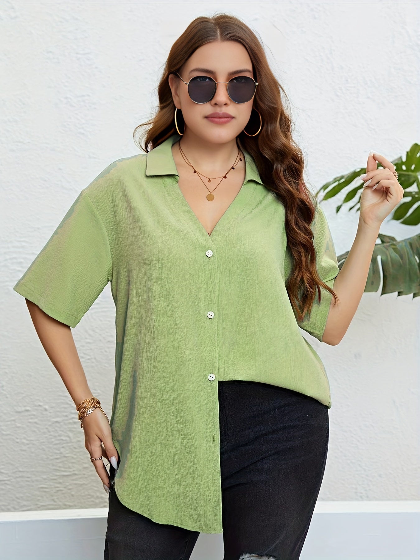 Casual Blouse Solid Button Up Short Sleeve V Neck Blouse