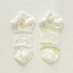 5 Pairs Floral Print Mesh Socks - Ruffle Ankle Stockings