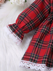 Baby Girl Christmas Plaid Dress Long Sleeve Pleated Casual Dress