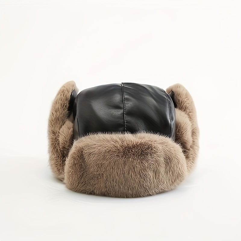 Men's Large Size Winter Ski Hat With Ear Protection & Leather Detail
