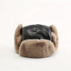 Men's Large Size Winter Ski Hat With Ear Protection & Leather Detail