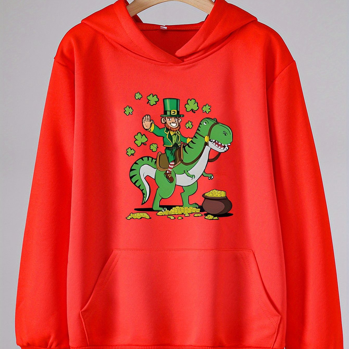 Clover & Dino Graphic Hoodie With Pocket For Girls