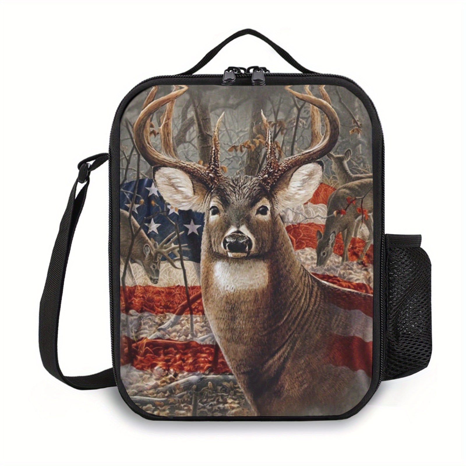 American Flag Deer Lunch Box with Water Bottle Holder