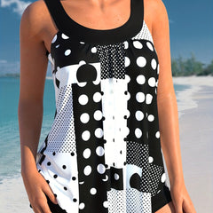 Polka Dot Tankini Set Round Neck Top & Shorts Swimsuit 2 Piece Set