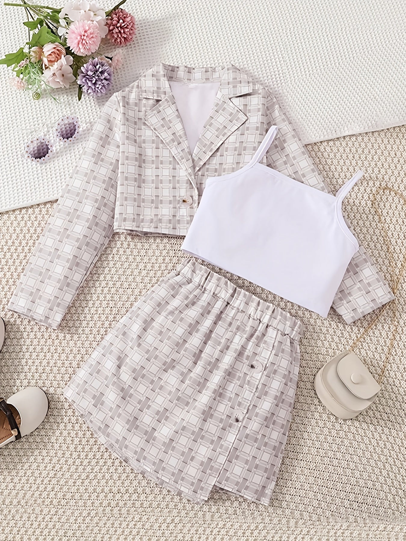 Toddler Girls Plaid 3pcs Set Coat Vest Skirt Kids Clothing