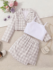 Toddler Girls Plaid 3pcs Set Coat Vest Skirt Kids Clothing