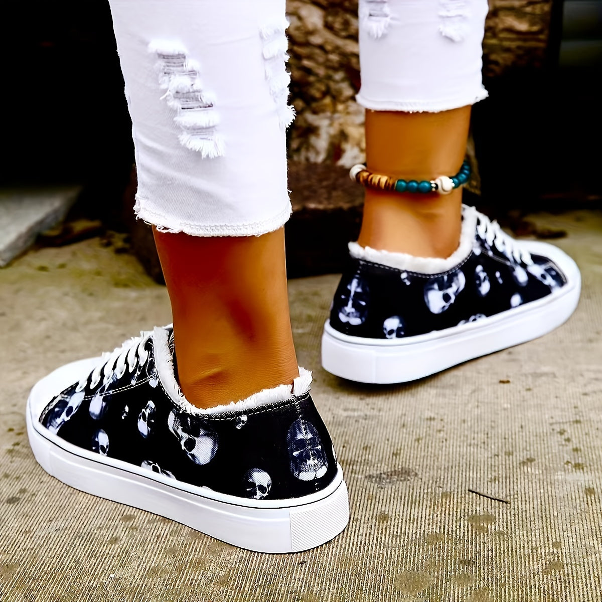 Women's Skull Pattern Lace Up Low Round Toe Lightweight Shoes