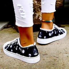 Women's Skull Pattern Lace Up Low Round Toe Lightweight Shoes