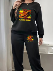 Women's Plus Cartoon Figure Print Fleece Top & Joggers Set
