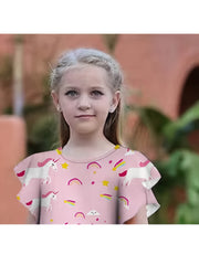 Girls Unicorn Print Dress Ruffle Trim Spring Summer Party Holiday Gift