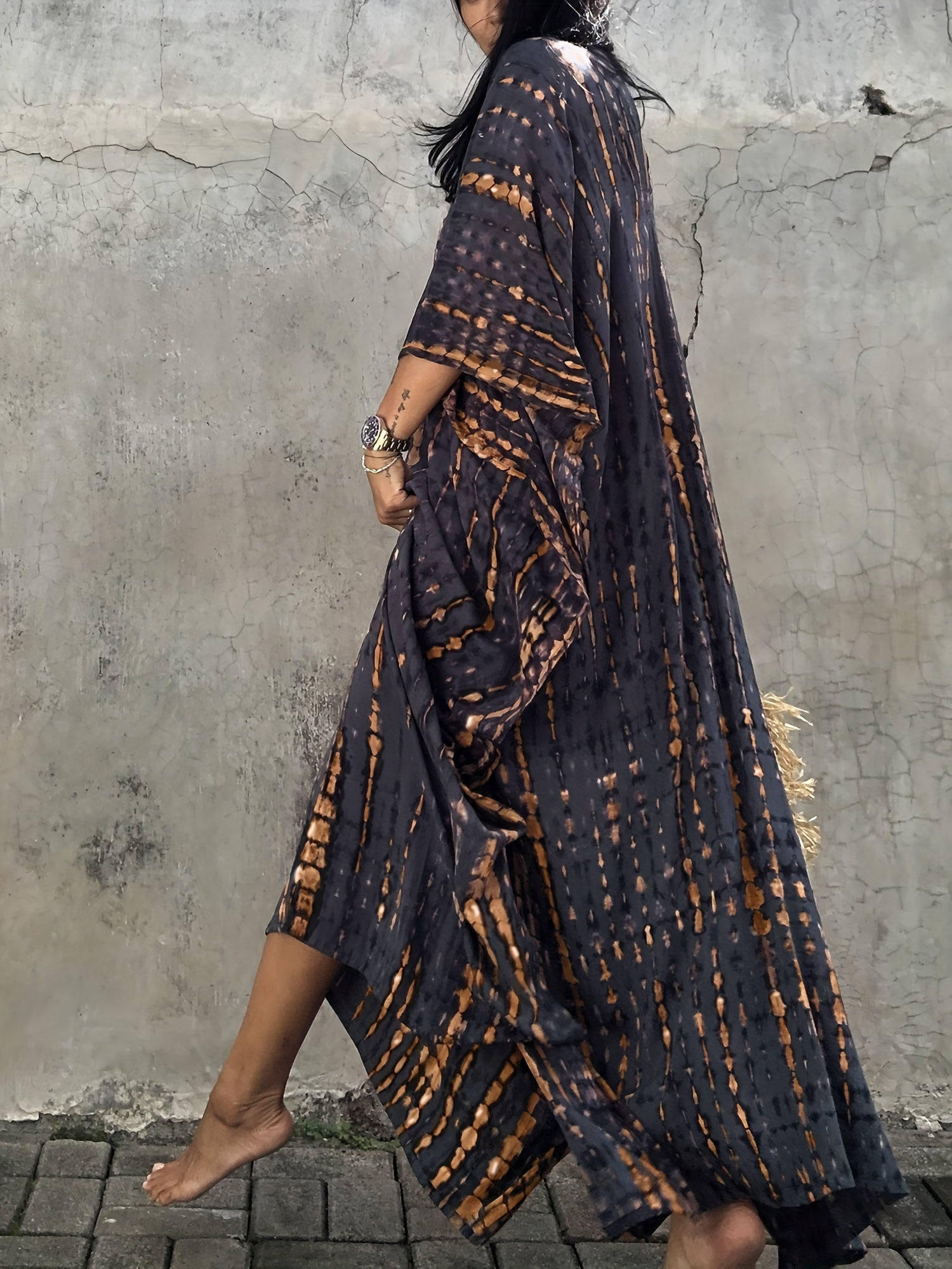 Tie Dye Split Beach Resort Maxi Kaftan Cover Up Dress Kimono Sleeve V Neck