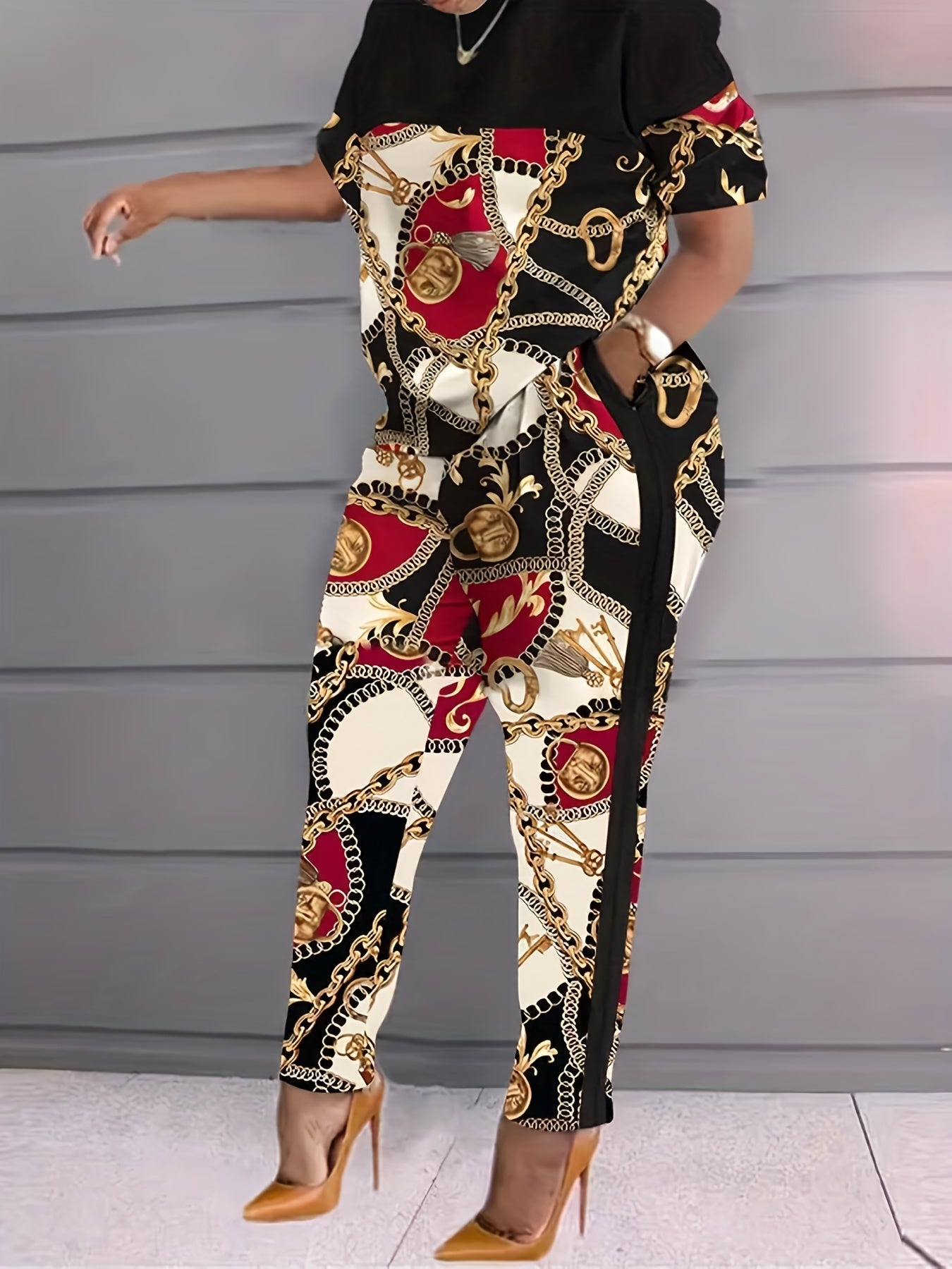 Denim Print Two Piece Set Short Sleeve T shirt & High Waist Pants Outfits