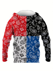Paisley Print Block Hoodies Men Comfy Loose Hooded Pullover Mens Clothing