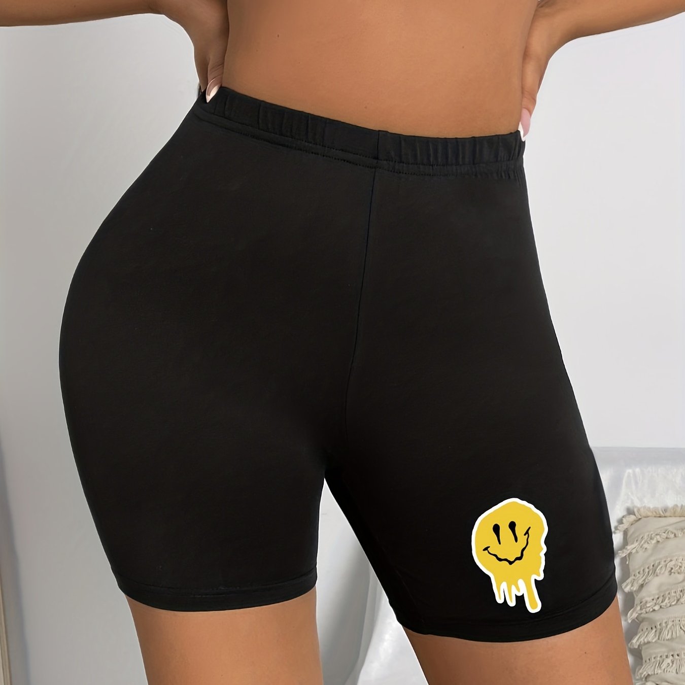 Melted Smile Face Print Shorts Casual Summer Workout Slim Shorts