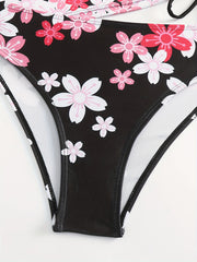 Floral Print Tankini Set Halter Neck Knot Side Top & Underwear Two Pie