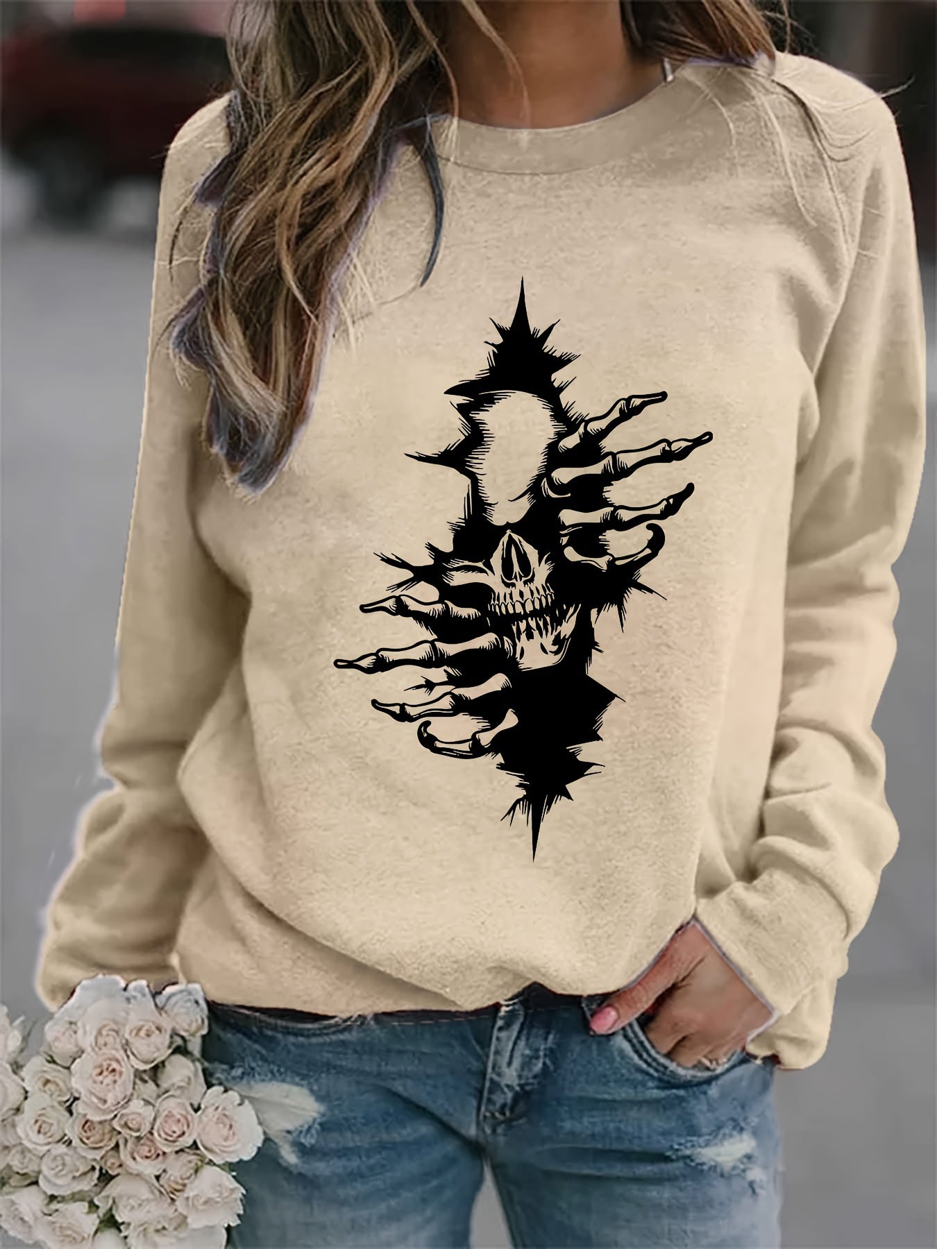 Halloween Skull Print Sweatshirt Long Sleeve Crew Neck Women's Clothing