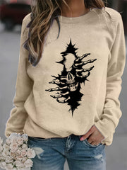Halloween Skull Print Sweatshirt Long Sleeve Crew Neck Women's Clothing