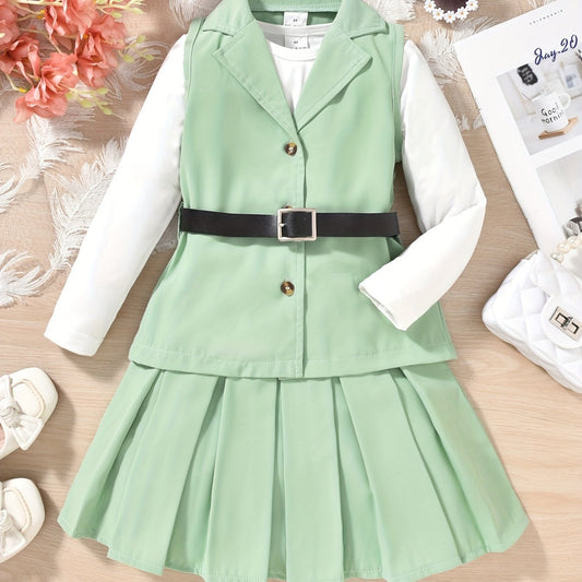 Girl's Preppy Style 3pcs Belted Vest Set