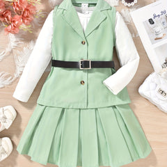 Girl's Preppy Style 3pcs Belted Vest Set