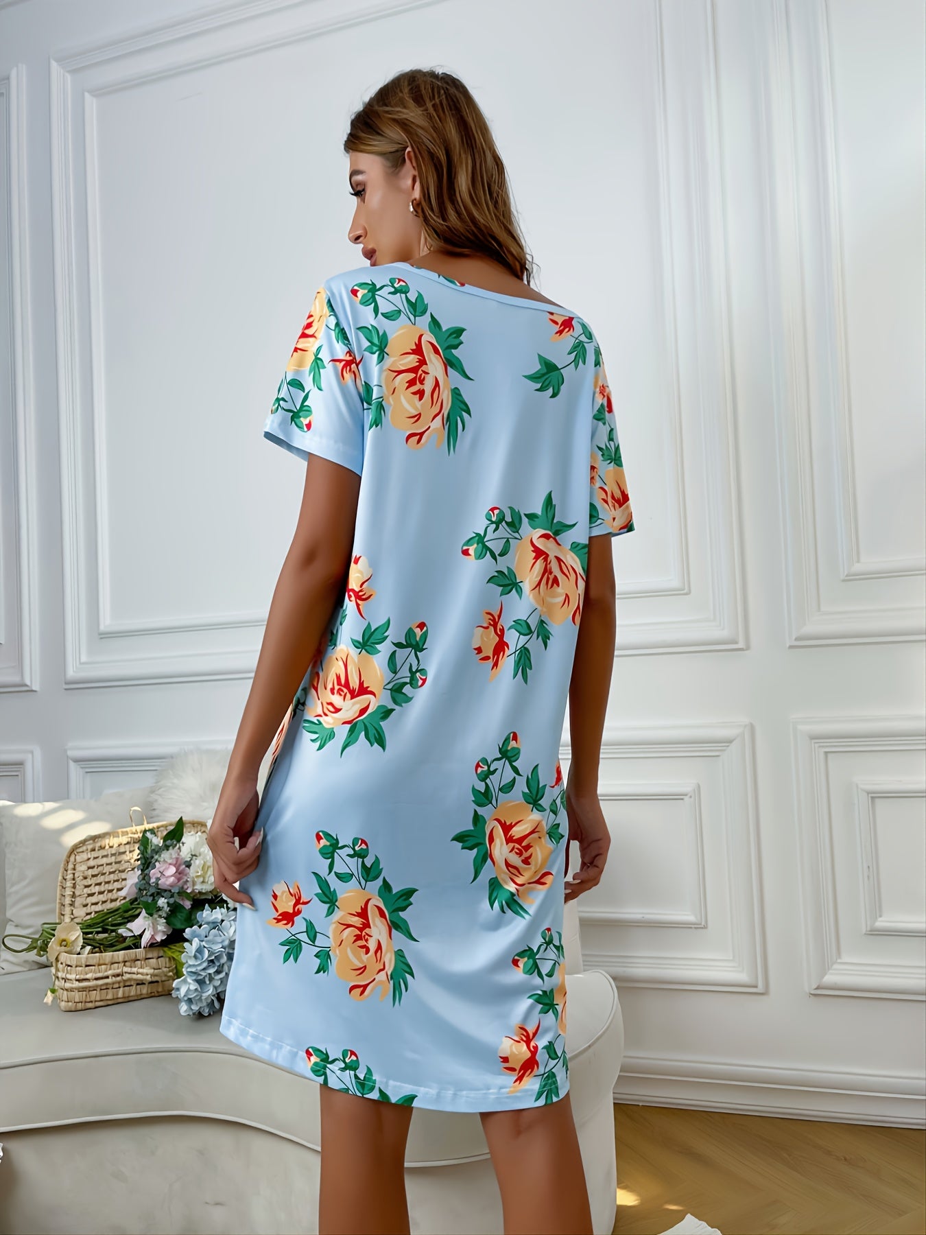 Floral Print Nightdress Boat Neck Short Sleeve Loose Sleep Dress
