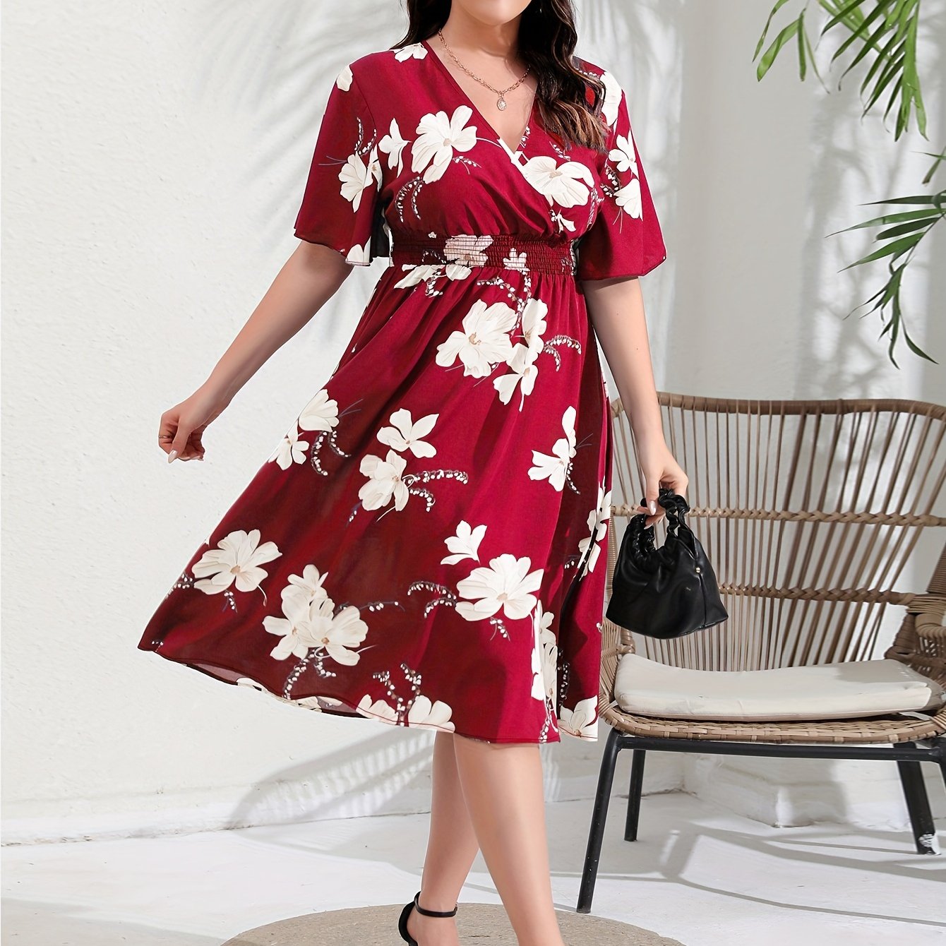 Women's Plus Floral Print Short Sleeve Midi Dress