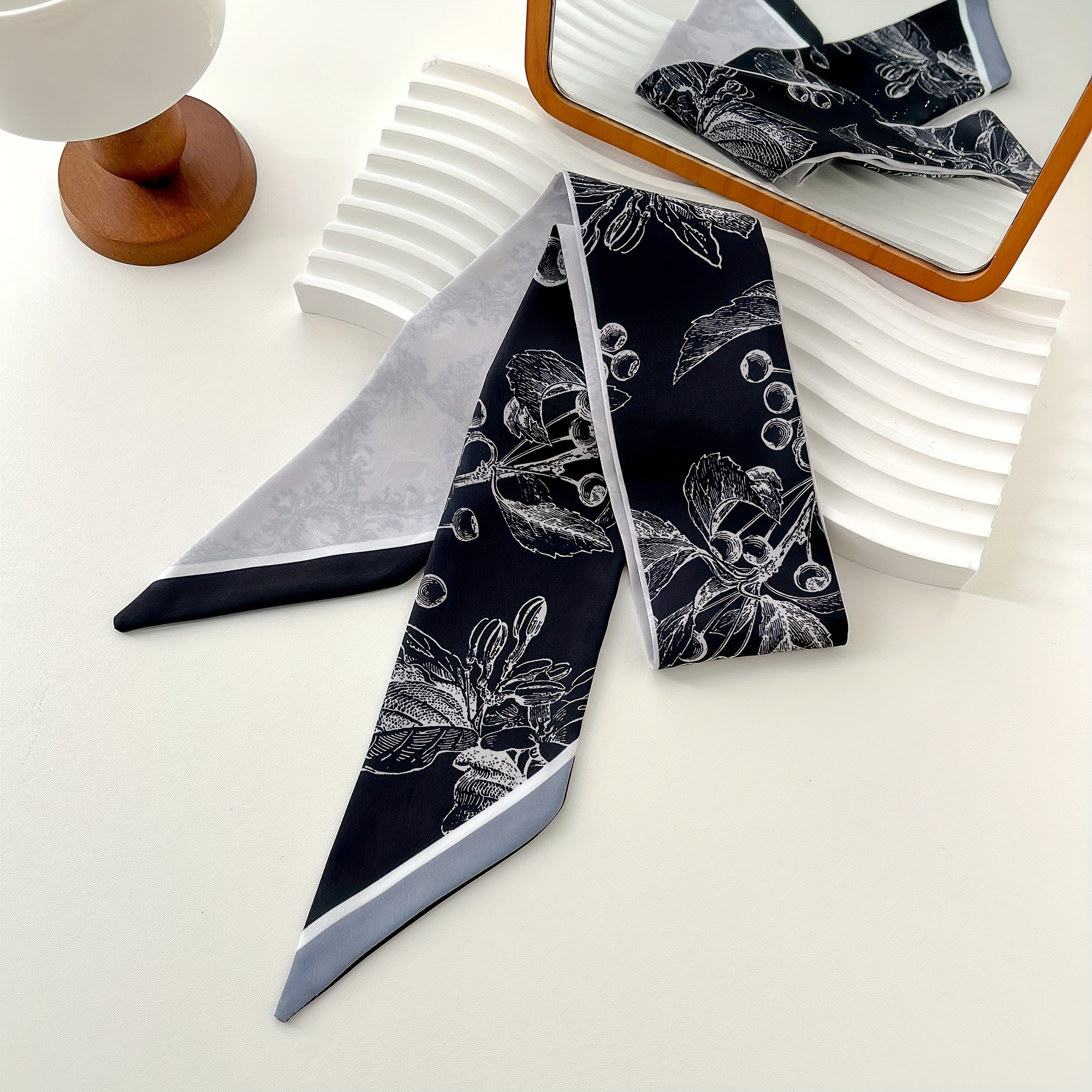 Floral Print Twilly Scarf Vintage Satin Neckerchief Skinny Scarf