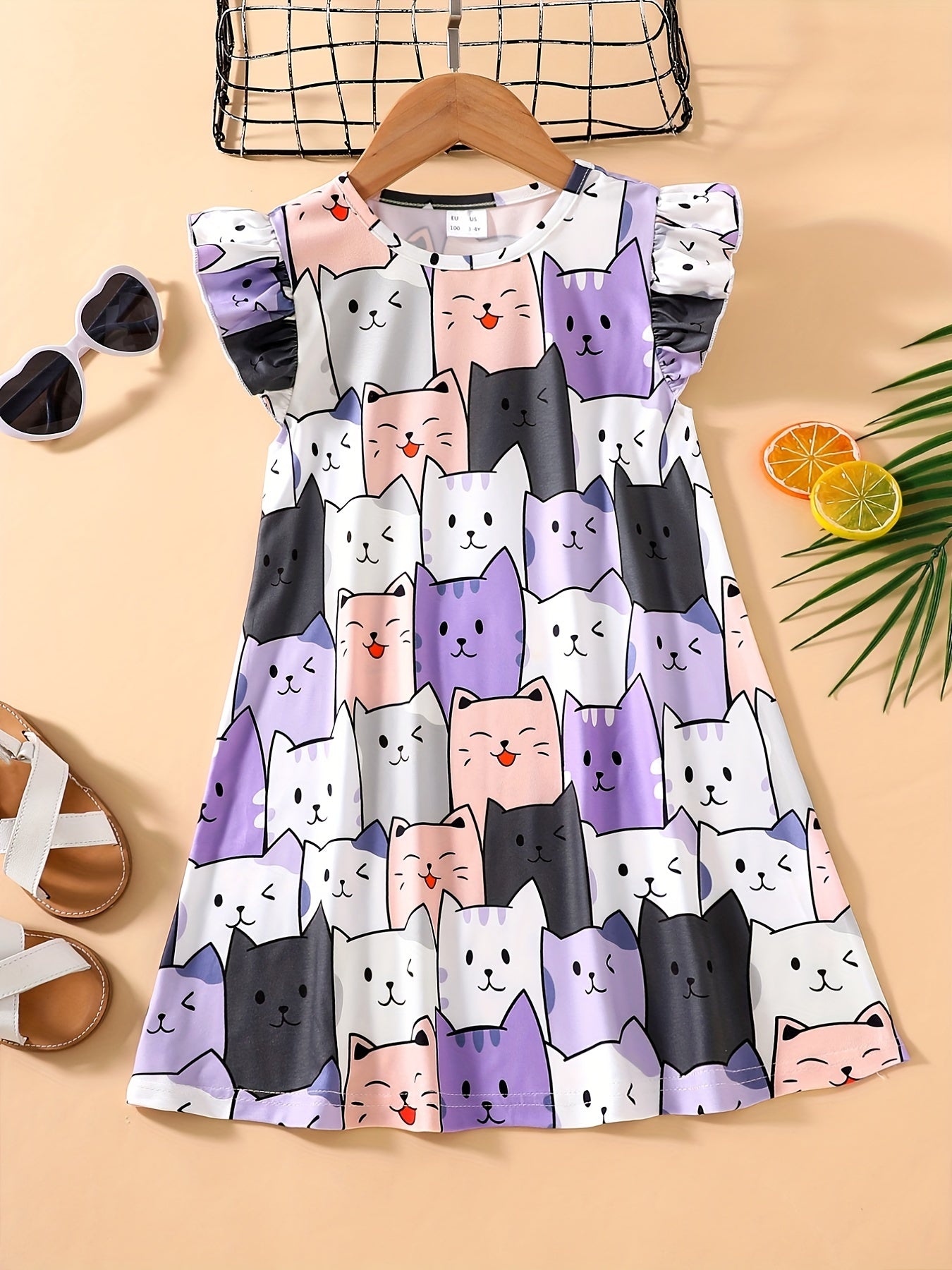 Girls Cartoon Cat Sleeveless Dress for Summer Holiday