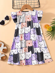 Girls Cartoon Cat Sleeveless Dress for Summer Holiday