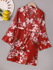 Floral Satin Night Robe Long Sleeve V Neck With Belt