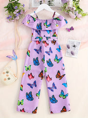 Girls Ruffled Romper Butterfly Graphic Jumpsuit