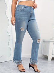Washed Ripped Fringe Trim Jeans